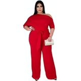 Effen kleur schuine schouderriem jumpsuit wijd-poot broek (kleur: rood maat: XL)