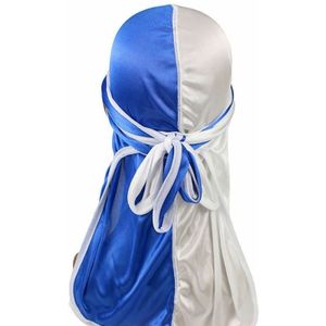 Dubbel gekleurd zijde satijn lange staart Pirate Hat tulband GLB chemotherapie GLB (wit blauw)