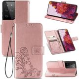 Vierbladige gesp relif gesp mobiele telefoon bescherming lederen case met Lanyard & Card Slot & Wallet & Bracket Functie Voor Samsung Galaxy S30 Ultra(Rose Gold)