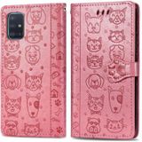 Voor Galaxy A51 5G Cute Cat en Dog Embossed Horizontale Flip Lederen Case met Bracket / Card Slot / Wallet / Lanyard(Pink)