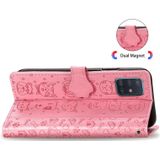Voor Galaxy A51 5G Cute Cat en Dog Embossed Horizontale Flip Lederen Case met Bracket / Card Slot / Wallet / Lanyard(Pink)