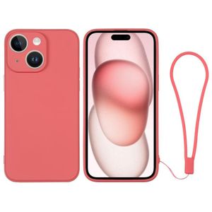 Voor iPhone 15 Plus siliconen telefoonhoesje met polsband (oranje rood)