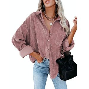 Effen kleur Revers Lange mouw Corduroy Loose Casual shirt met zakken voor dames (kleur: roze maat: s)