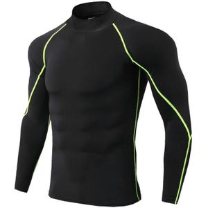 Heren hoge hals fitness atletisch hardloopshirt met lange mouwen stretch sneldrogend opstaand sweatshirt  maat: S (TC57 groene lijn op zwart)