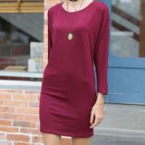 Vrouwen effen kleur trui lange mouwen jurk  maat: L (donkerrood)