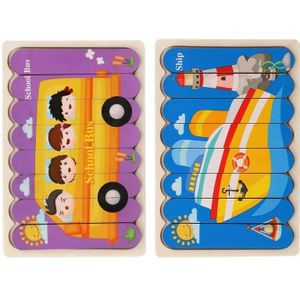 QBT01 Kinderen dubbelzijdige houten puzzel bar puzzel speelgoed (School Bus + Schip)