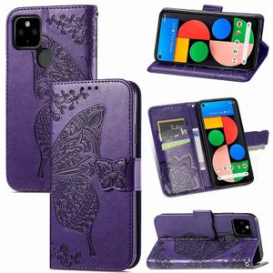 Butterfly Love Flowers Relif Horizontale Flip Leren Case met Houder & Card Slots & Wallet & Lanyard voor Google Pixel 5A 5G (Dark Purple)