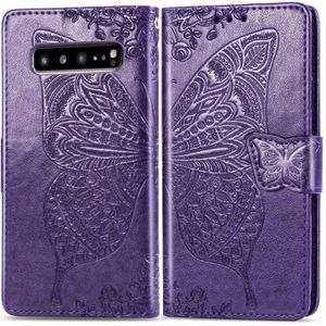 Butterfly Love bloemen relif horizontale Flip lederen case voor Galaxy S10 5G met houder & kaartsleuven & portemonnee & Lanyard (donker paars)