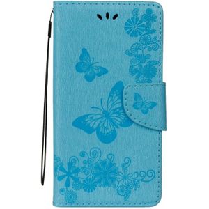 Voor Galaxy J7 (2017) (EU versie) geperst bloemen vlinder patroon horizontale Flip lederen draagtas met houder & kaartsleuven & portemonnee & Lanyard (blauw)