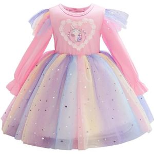 Kinderen jurk met vliegende mouwen regenboog pailletten mesh prinses jurk (kleur: roze maat: 130)