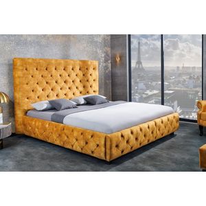 Kingsize tweepersoonsbed PARIS 180x200cm mosterdgeel fluweel Chesterfield design - 41641