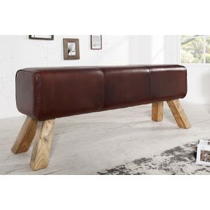 Design bank TURNBOCK 100cm koffie echt leer mangohouten retro kruk - 39142