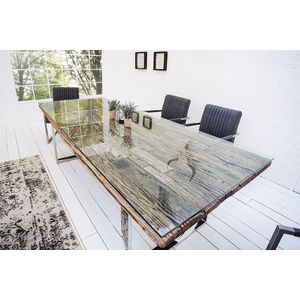 Massieve eettafel BARRACUDA 180cm antiek teakhout met stalen sledepoten inclusief glazen blad - 36648