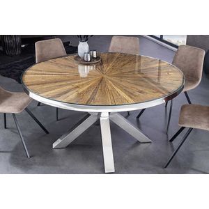 Ronde eettafel BARRACUDA 120cm bruin teak massief hout glazen blad zilver roestvrij staal verchroomd - 43622