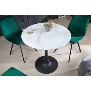 Ronde eettafel LYON 80cm wit glas marmer design zwart metalen onderstel - 41524