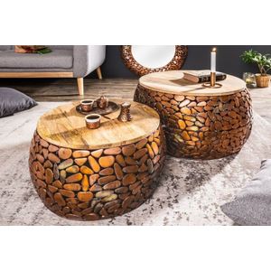 Set van 2 ronde salontafels STONE MOSAIC 65cm koper mangohout metaal mozaiek ontwerp handgemaakt - 41432