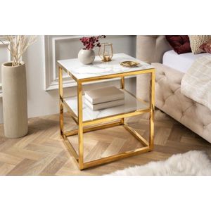 Elegante bijzettafel BOUTIQUE 45cm wit kristalglas met marmeren decor gouden frame nachtkastje - 42173