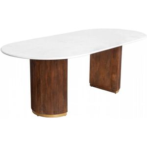 Design eettafel GATSBY 240cm bruin goud mangohout ovaal wit marmeren blad - 44084