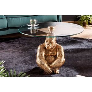 Ronde salontafel WILDLIFE KONG 60cm goud metaal glas aap figuur gorilla sculptuur handgemaakt - 43518