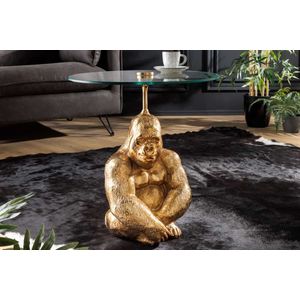 Ronde bijzettafel KONG 50cm goudkleurig metalen glazen aapfiguur gorilla sculptuur - 43203