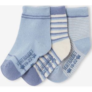 Set van 3 paar gestreepte sokken jongens licht leisteenblauw