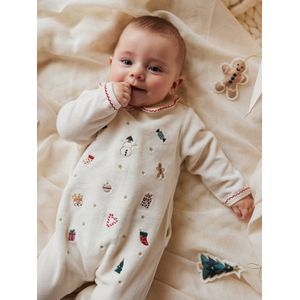 Geborduurde kerstpyjama voor baby's van fluweel ecru