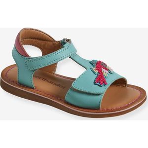 Leren sandalen met klittenband kinderen kleutercollectie turquoiseblauw