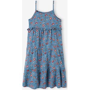Lange jurk met schouderbandjes van katoengaas meisjes petrolblauw
