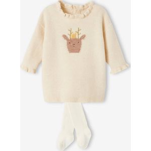 Kerstset voor baby met gebreide jurk met rendierpatroon + maillot ecru