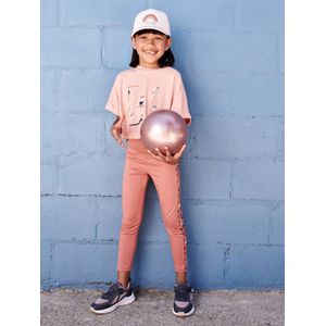 Sportlegging voor meisjes van technisch materiaal met stroken aan de zijkant en bloemenprint terracotta