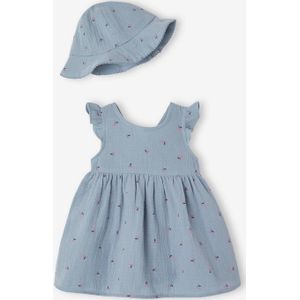 Set jurk en muts pasgeborene van katoengaas chambrayblauw
