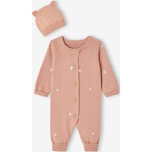 Babyset met tricot overal + bijpassende muts met oortjes rozen