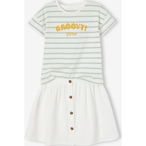 Set T-shirt en rok van katoengaas voor meisjes ecru