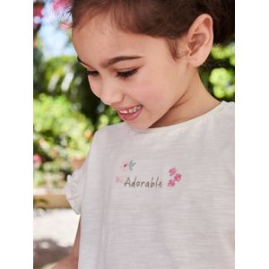 Geborduurd meisjes-T-shirt met 'adorable', korte mouwen, gesmokt ecru