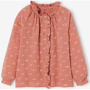 Personaliseerbare overhemd met ruches van katoengaas voor meisjes met bloemenprint terracottategel