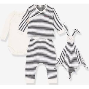 PETIT BATEAU 3-delige geboorte-cadeauset met gestreept truitje en knuffelkonijn marineblauw