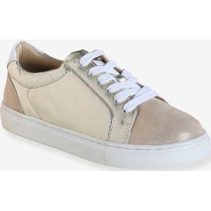 Leren kindersneakers met veters beige, bedrukt