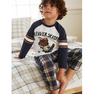 Flanellen beverpyjama jongens met broek donkerblauw