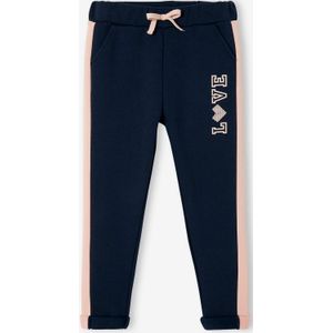 Fleece sportbroek met strepen aan de zijkant voor meisjes marineblauw