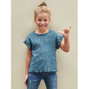 Geribd meisjes-T-shirt met bloemenprint inktblauw