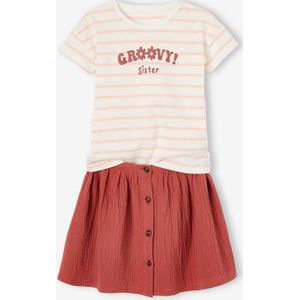 Set T-shirt en rok van katoengaas voor meisjes terracotta