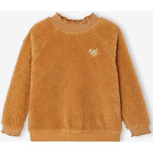 Meisjessweater in sherpa met fantaisie-afwerkingen karamel