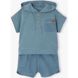 Babyset met T-shirt met capuchon en short met honingraatmotief groenblauw