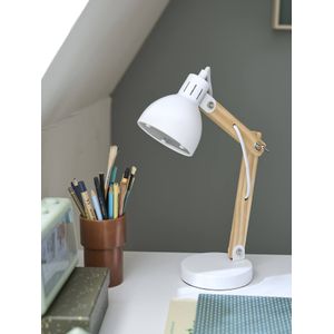 Opvallende bureaulamp van hout en metaal wit