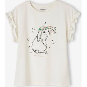 Meisjes-T-shirt met iriserend motief en korte mouwen met ruches ecru