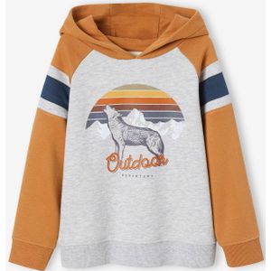 Jongenssweater met capuchon, grafisch motief en raglanmouwen pecannoot