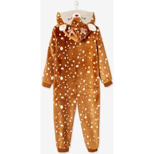 Onesie 'Kerstrendier' meisje pluche-effect bruin met print