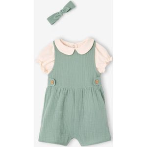 3-delige babyset T-shirt, jumpsuit en hoofdband personaliseerbaar saliegroen