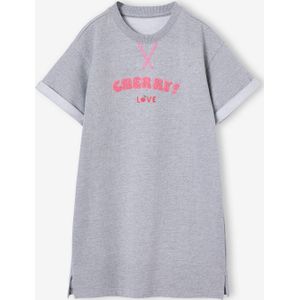 Meisjesjurk in lichte fleece met aangebracht motief gem�leerd grijs