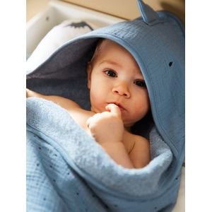 Baby-badcape in katoengaas + washandje KLEINE DINO blauw
